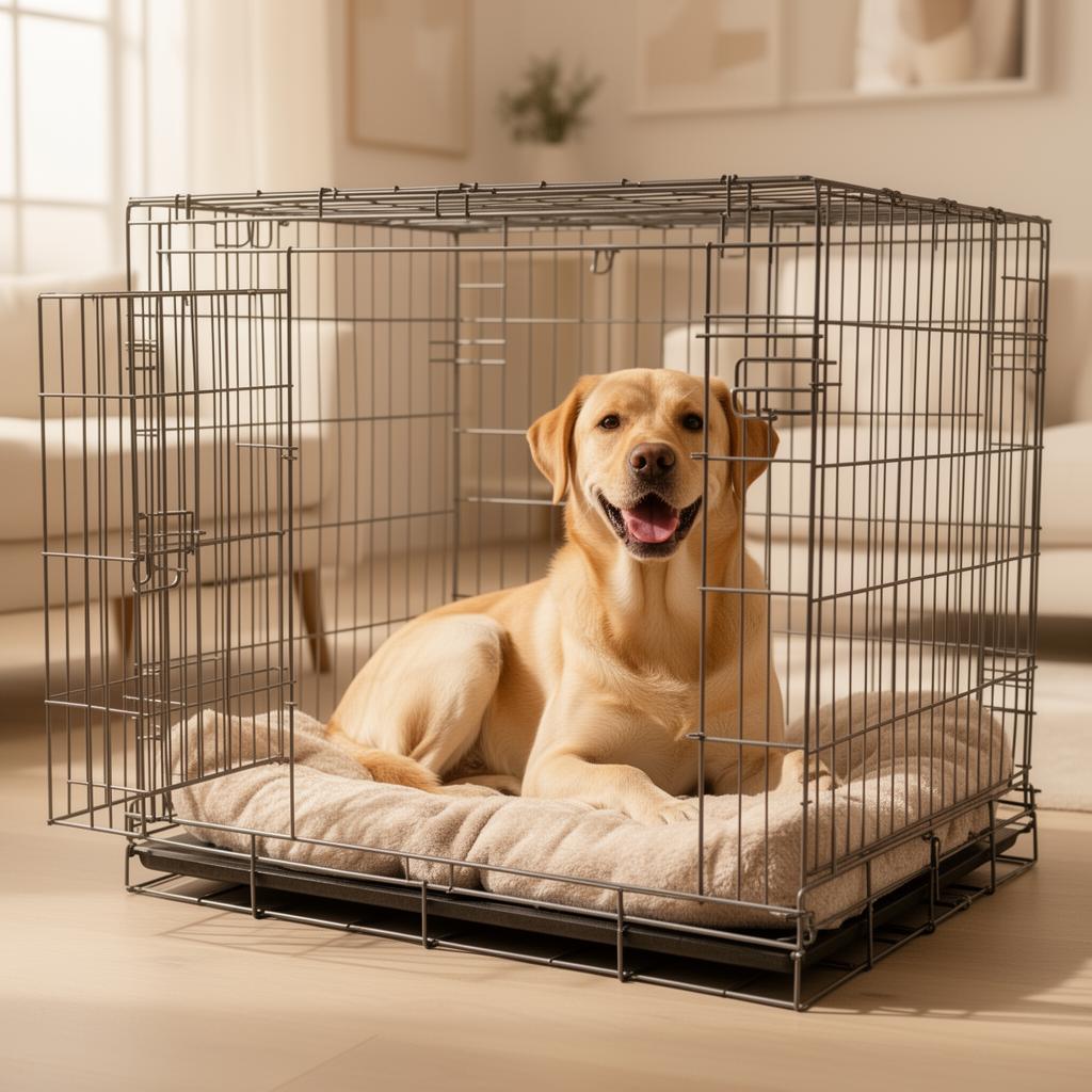 Happy Labrador resting in a properly sized wire dog crate